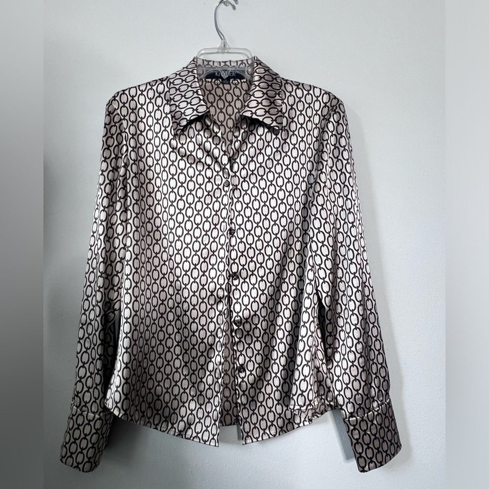 Kasper Satin Open-Collar Blouse Shirt with French Cuffs Size 10